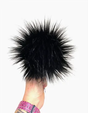 MADE TO ORDER Fun and funky long pile black faux fur pom pom with wooden button