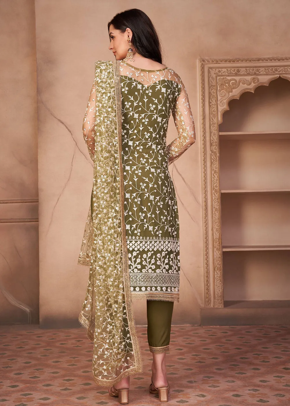 Mahendi Green Mono Net Festival Wear Pant Suit