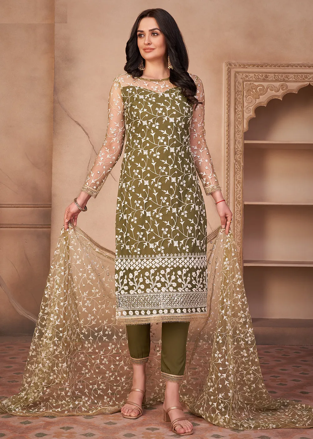 Mahendi Green Mono Net Festival Wear Pant Suit