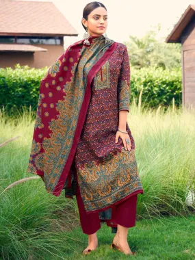 Maroon Printed Pashmina Unstitched Winter Ladies Suit Set