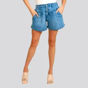 Medium-wash wide-leg women's denim shorts