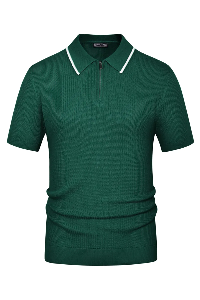 Men Stylish Lapel Collar Knitted Polo-Shirt Short Sleeve Zip-up Neck Knitwear