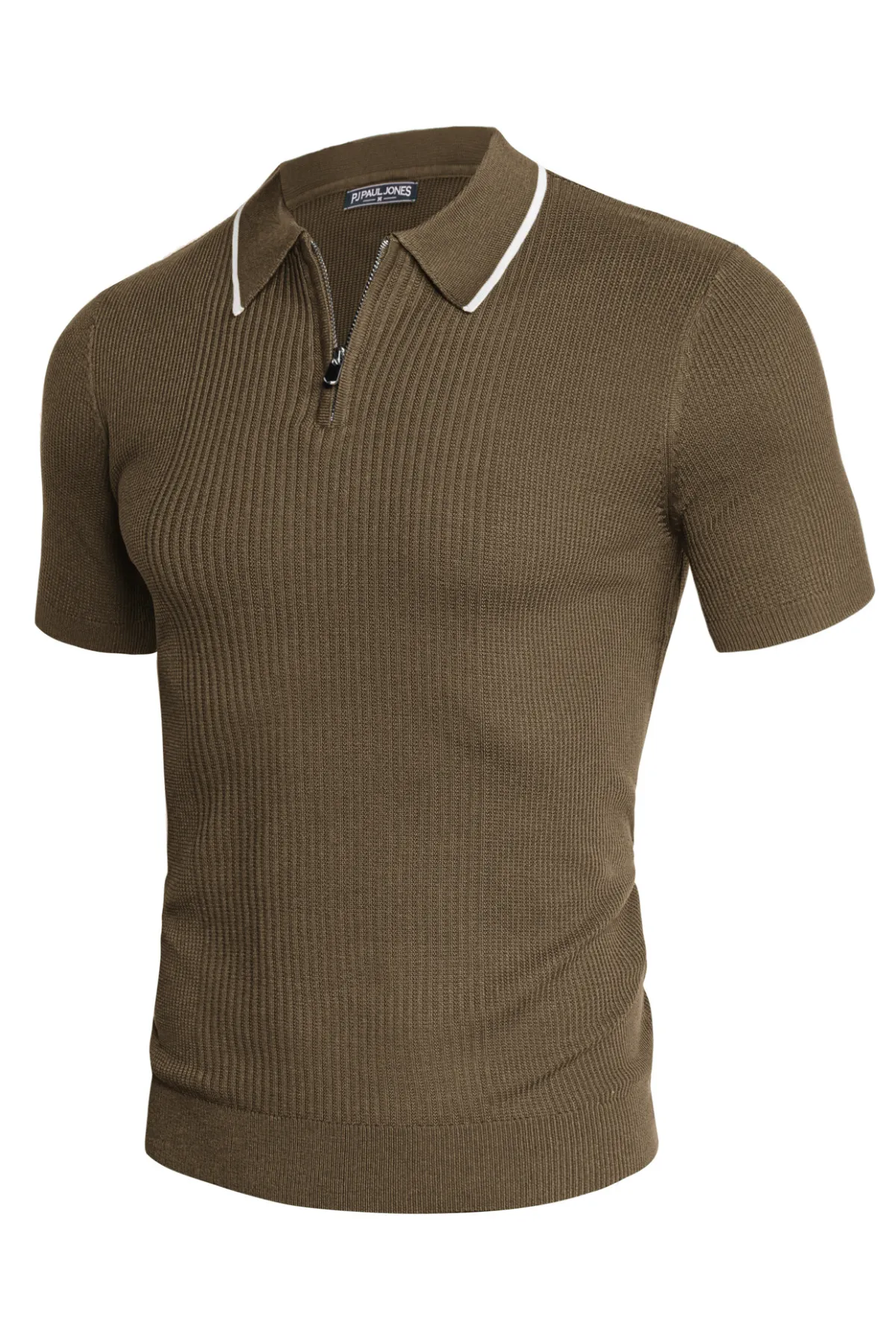 Men Stylish Lapel Collar Knitted Polo-Shirt Short Sleeve Zip-up Neck Knitwear