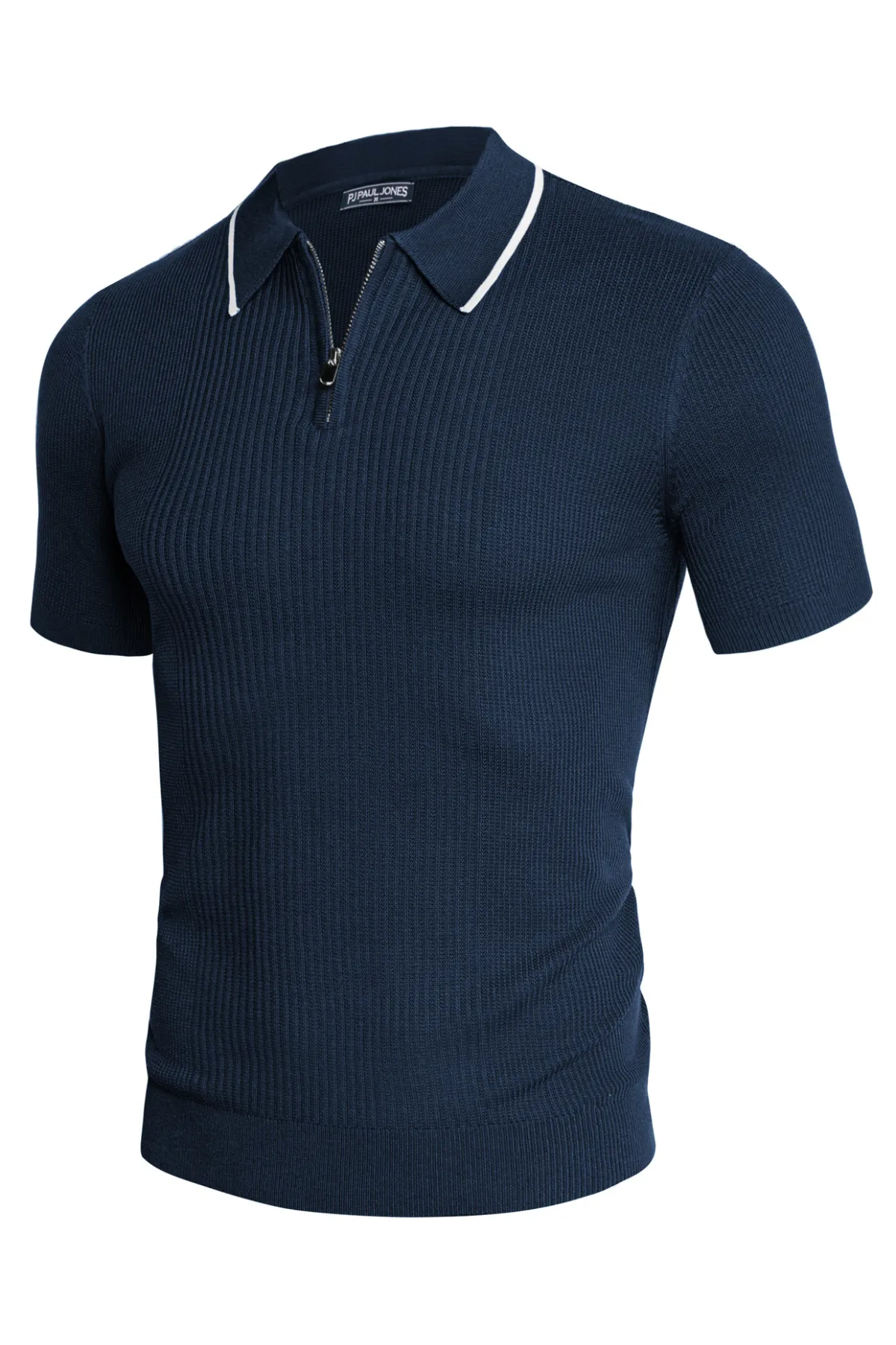 Men Stylish Lapel Collar Knitted Polo-Shirt Short Sleeve Zip-up Neck Knitwear