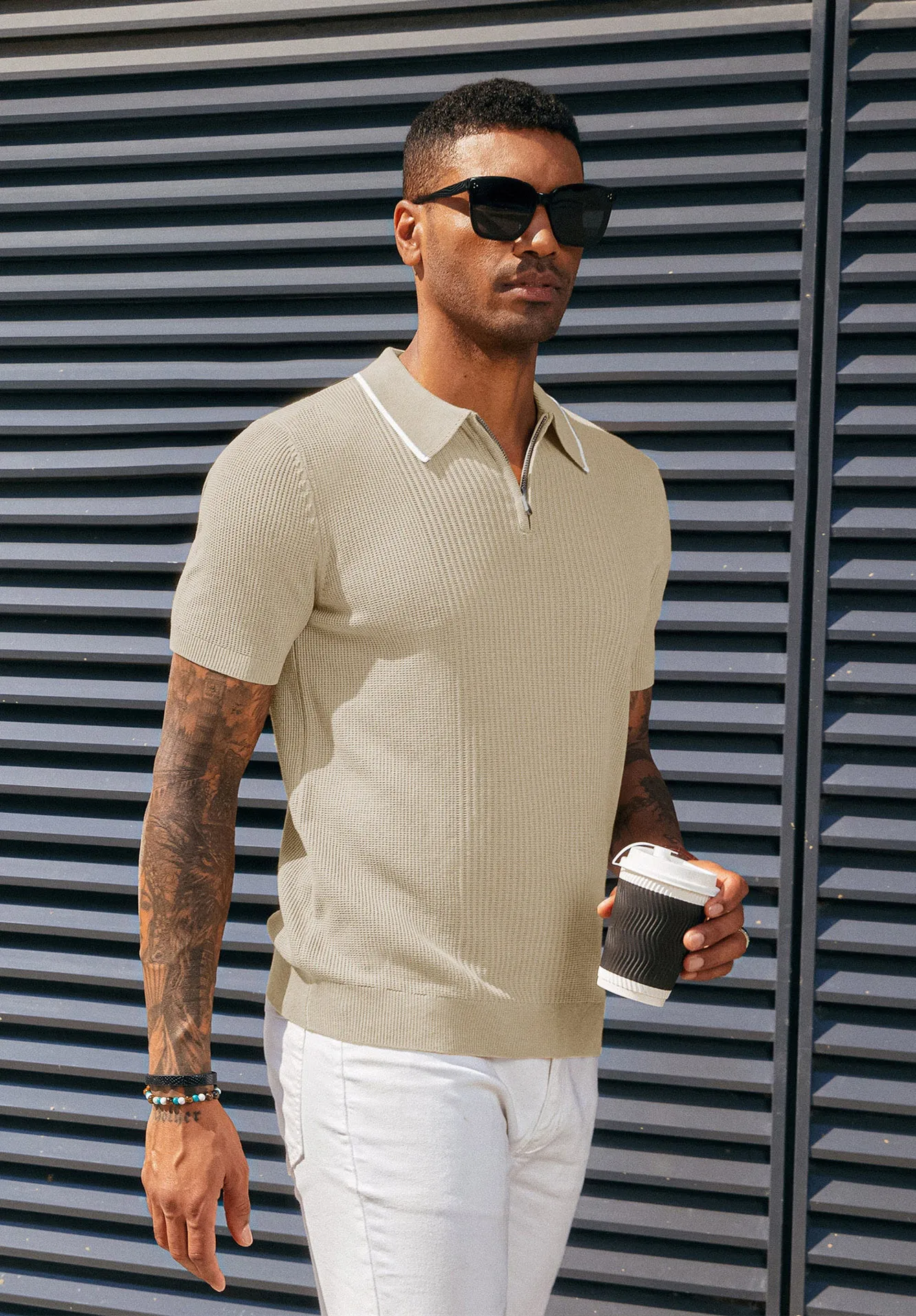 Men Stylish Lapel Collar Knitted Polo-Shirt Short Sleeve Zip-up Neck Knitwear