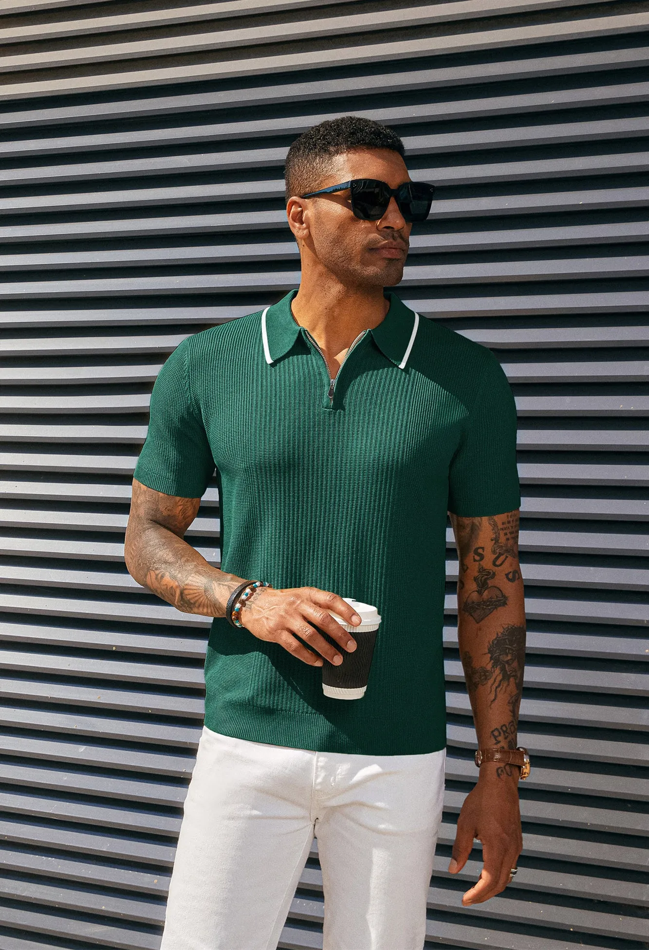 Men Stylish Lapel Collar Knitted Polo-Shirt Short Sleeve Zip-up Neck Knitwear