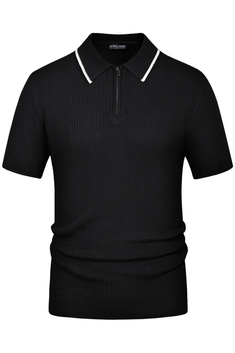 Men Stylish Lapel Collar Knitted Polo-Shirt Short Sleeve Zip-up Neck Knitwear