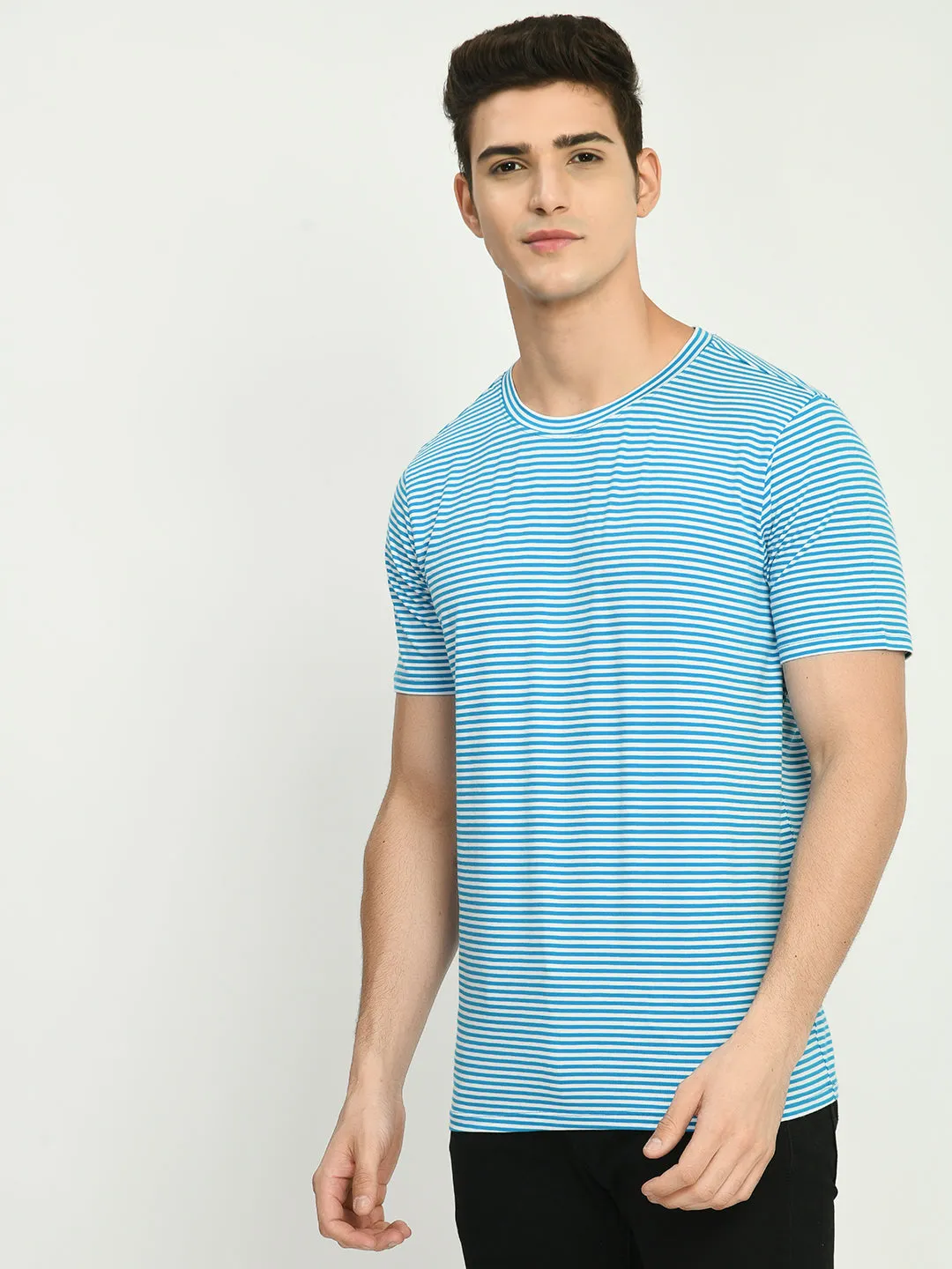 Men's Firozi White Simple Striped T-Shirt