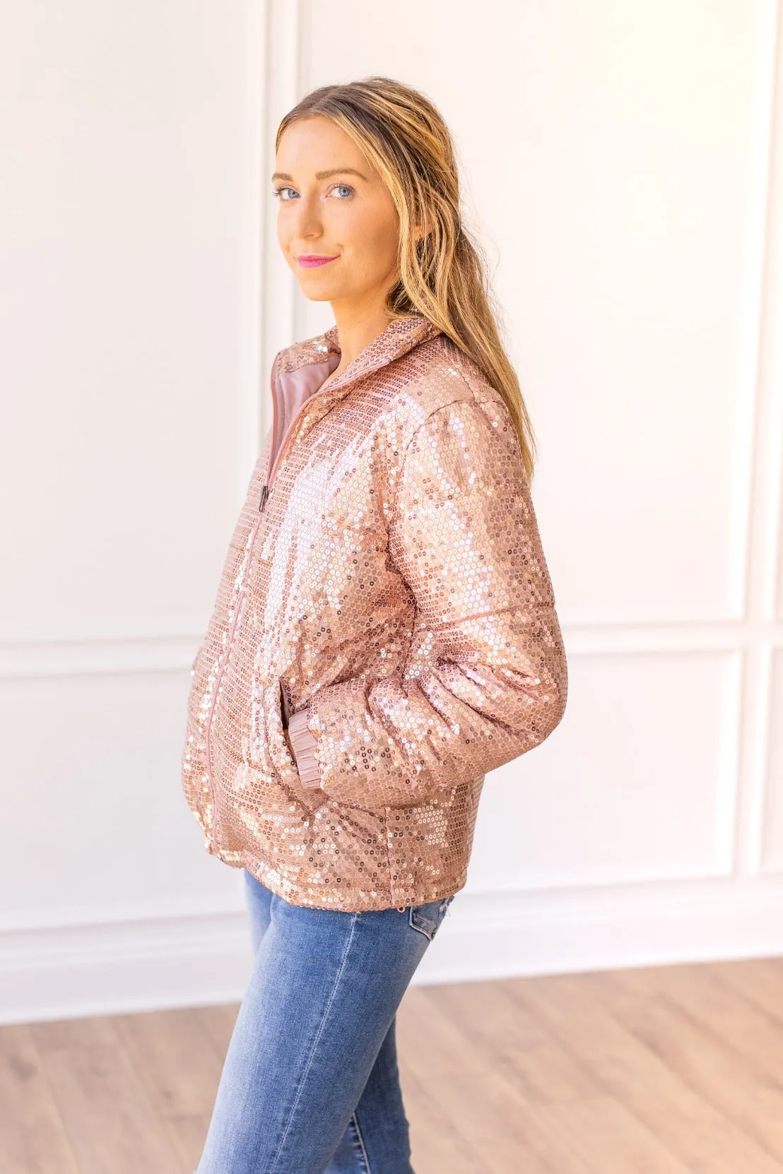 Midnight Trails Sequin Puffer in Rose Gold