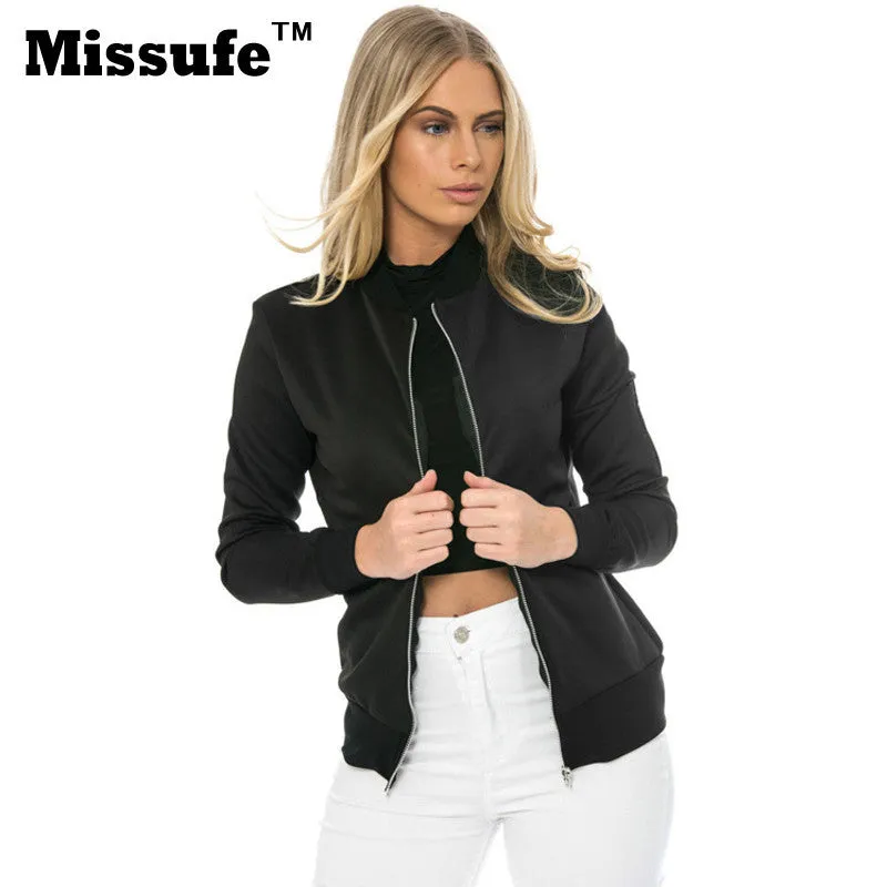 Missufe Women Basic Coats 2016 Casual Slim Zippers Print Bomber Jacket Street Fashion Outfit Female Autumn Winter Jackets