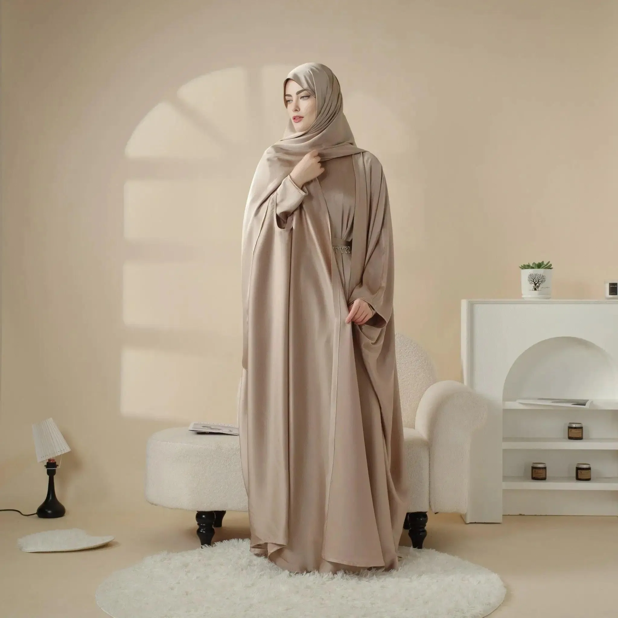 MOA019 Loose Full Cover Satin Abaya Set 5-piece with Niqab