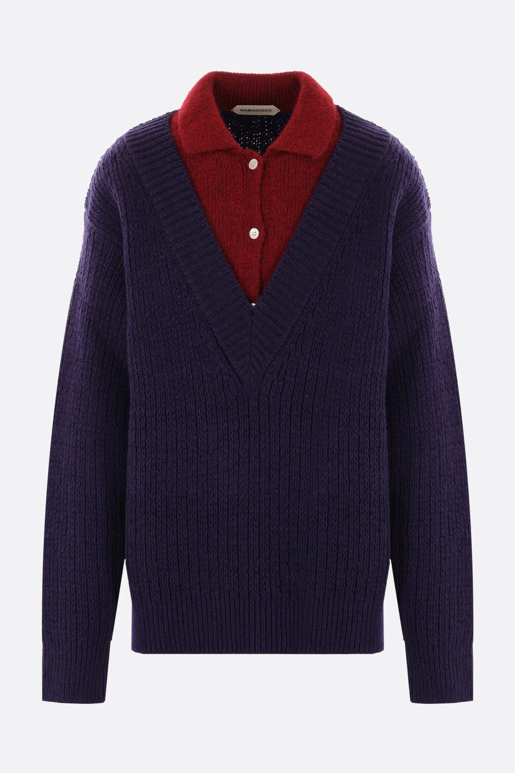 mohair wool V-neck sweater with polo detail