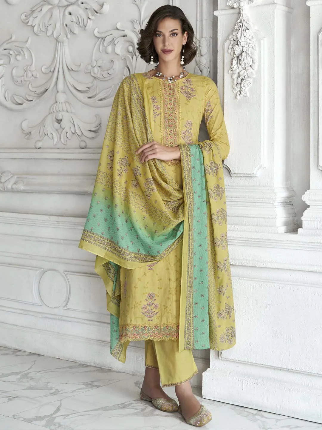 Mumtaz Arts Cotton Embroidered Unstitched Salwar Suit Set Yellow