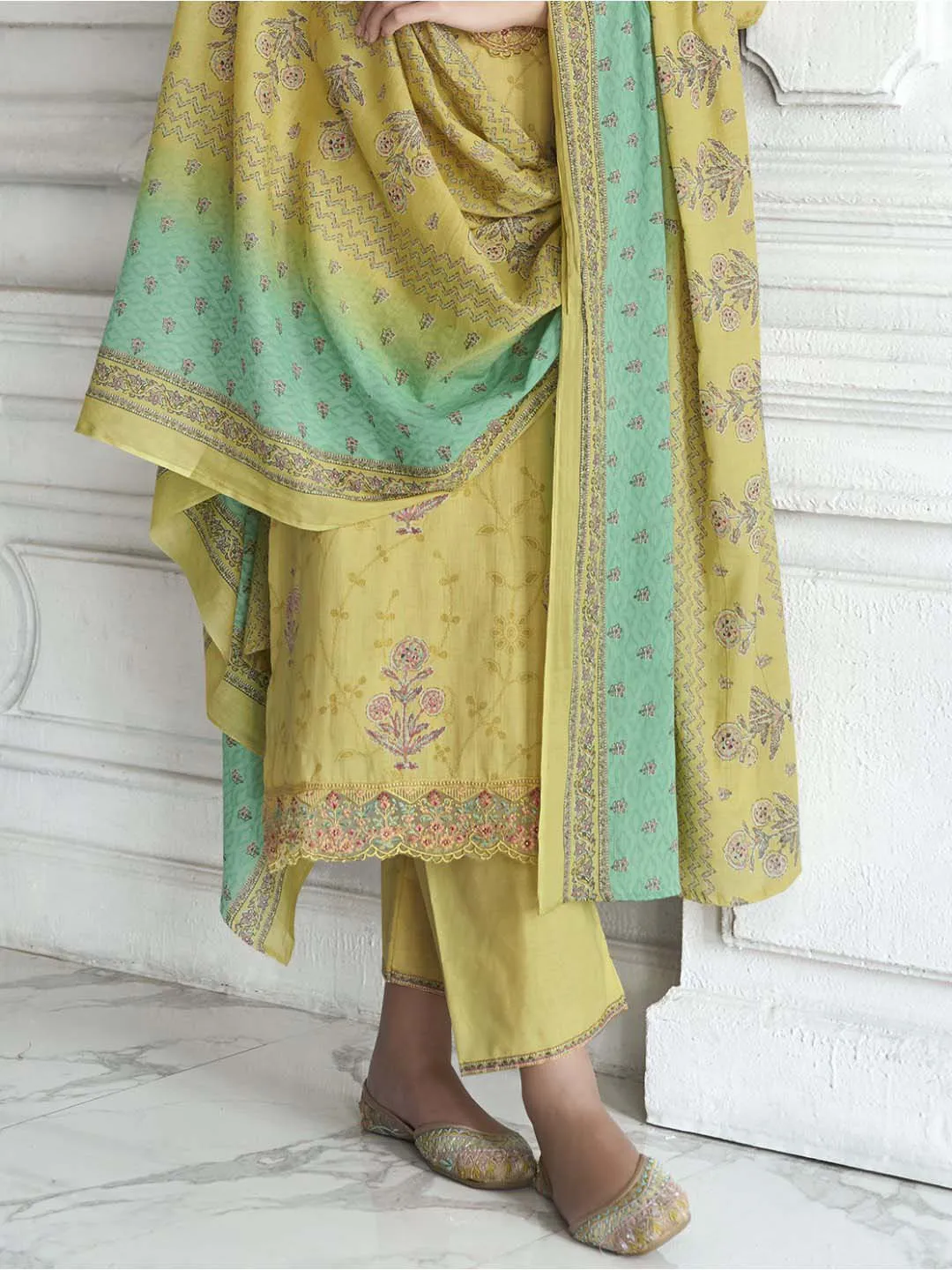 Mumtaz Arts Cotton Embroidered Unstitched Salwar Suit Set Yellow