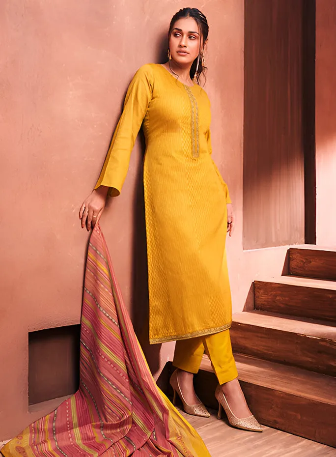 Mumtaz Arts Yellow Cotton Satin Unstitched Suit Material with Embroidery