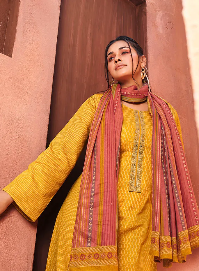 Mumtaz Arts Yellow Cotton Satin Unstitched Suit Material with Embroidery