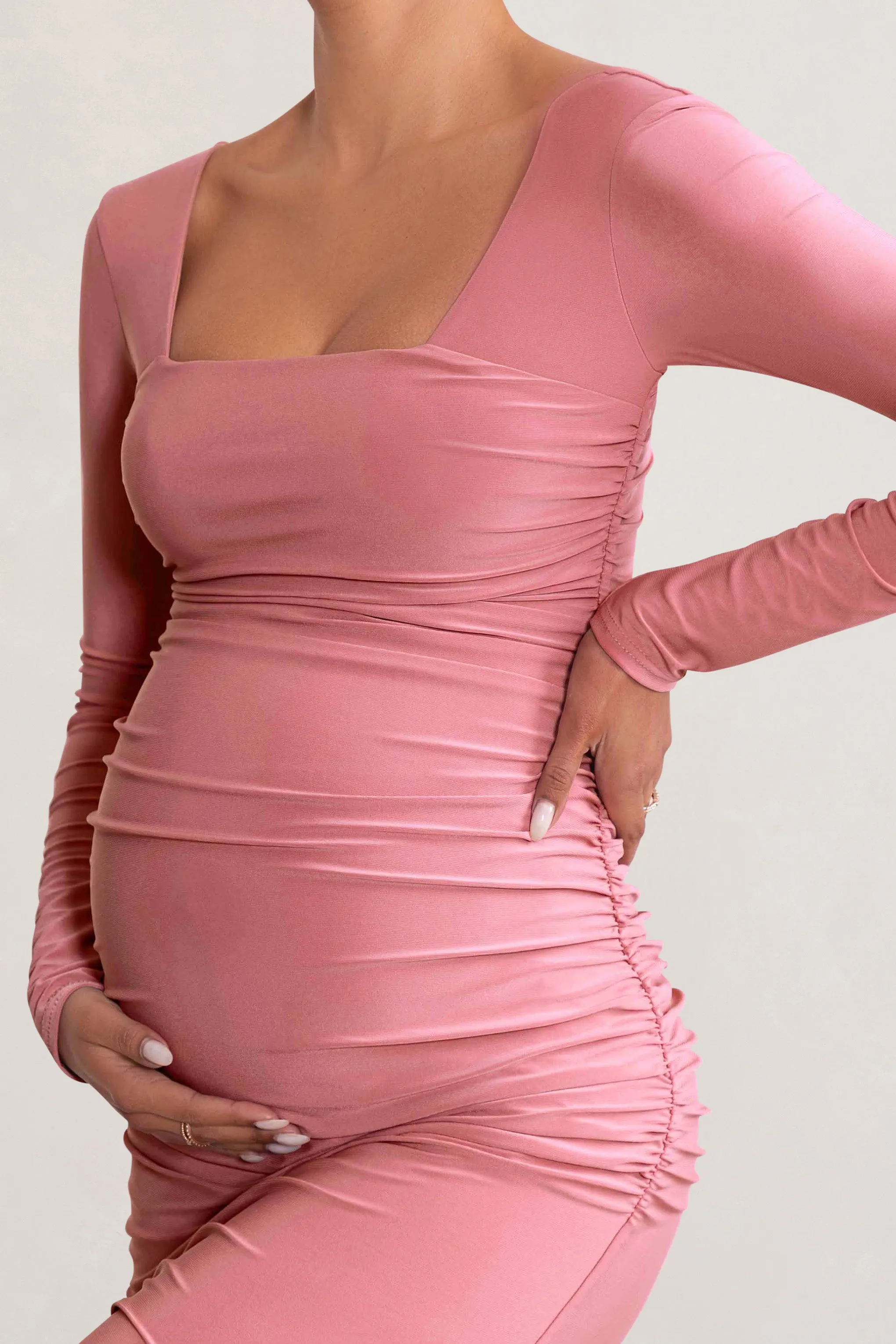 My Pleasure | Blush Long Sleeve Square Neck Maternity Maxi Dress with Split