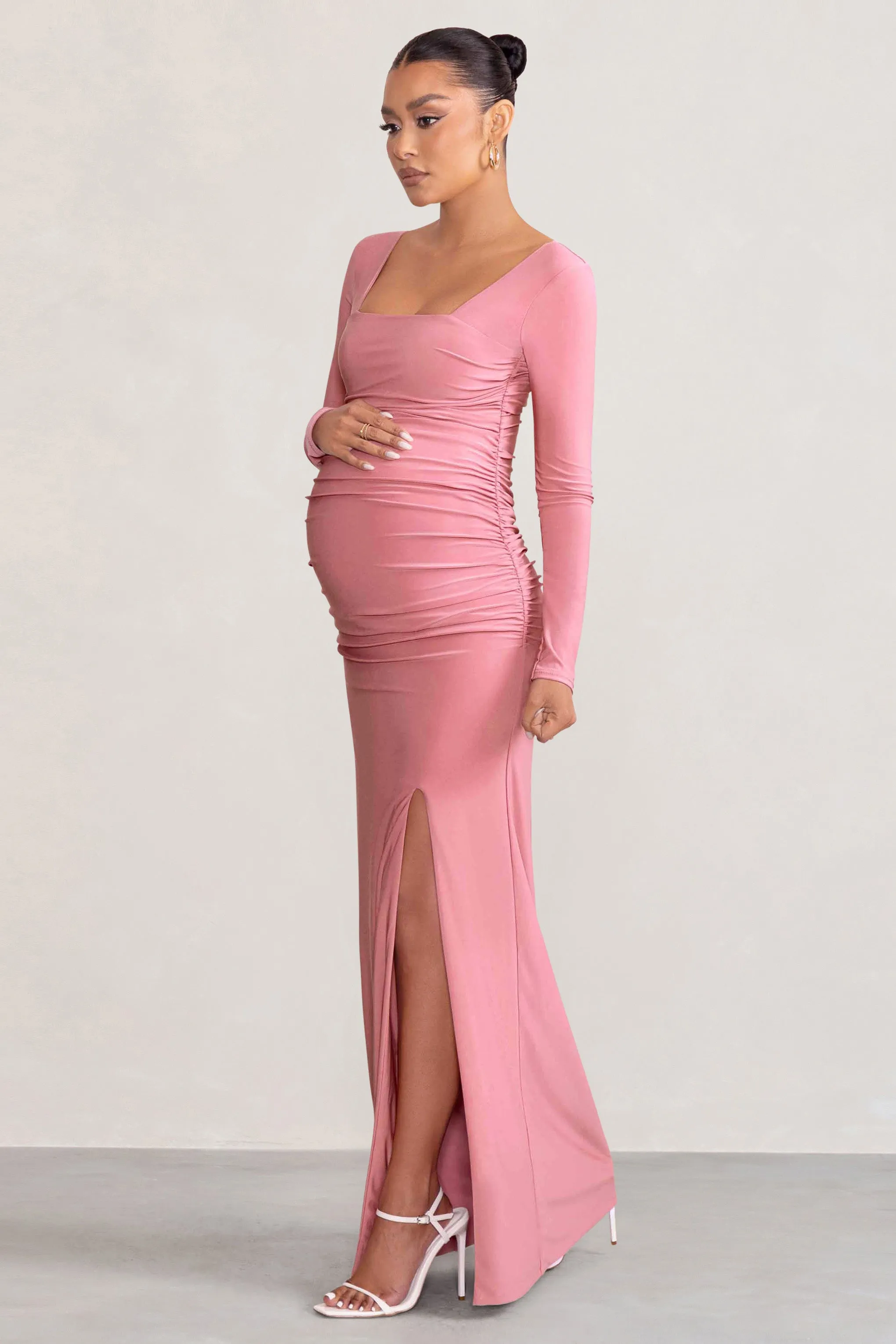 My Pleasure | Blush Long Sleeve Square Neck Maternity Maxi Dress with Split