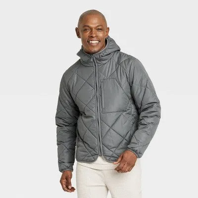 New - All In Motion Men's Zip-Up Winter Hooded Wind-Resistant Quilted Jacket Packable