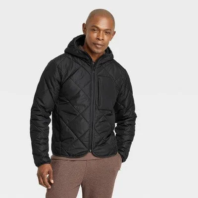 New - All In Motion Men's Zip-Up Winter Hooded Wind-Resistant Quilted Jacket Packable