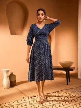 Ocean Printed Cotton Midi Dress for Women