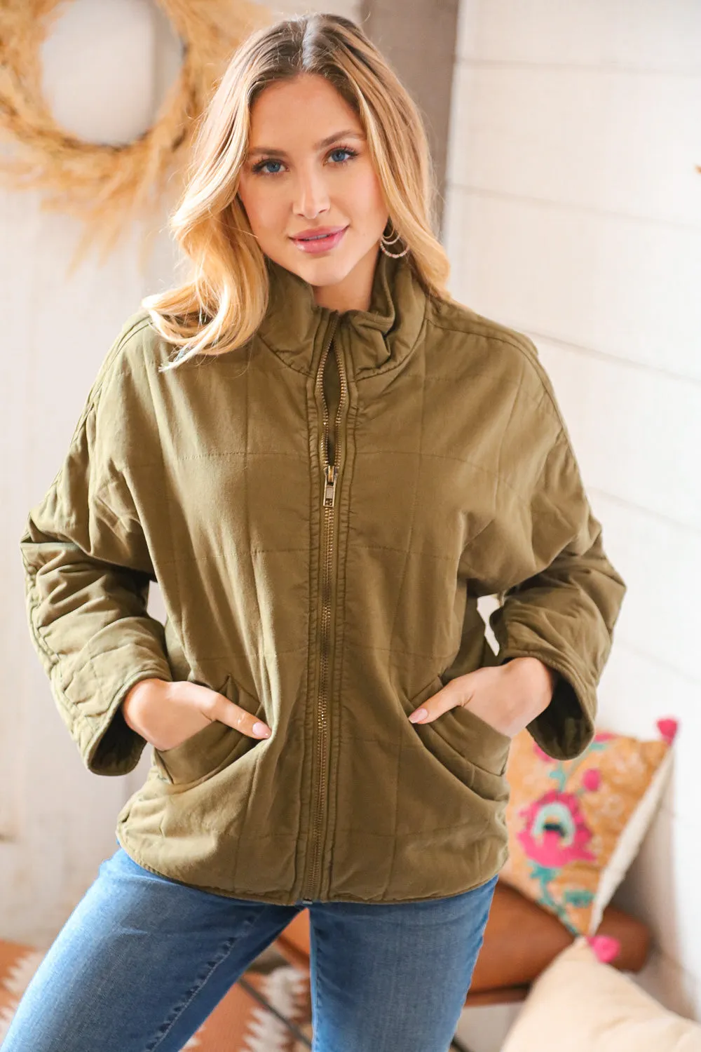 Olive Cotton Quilted Zip Up Jacket