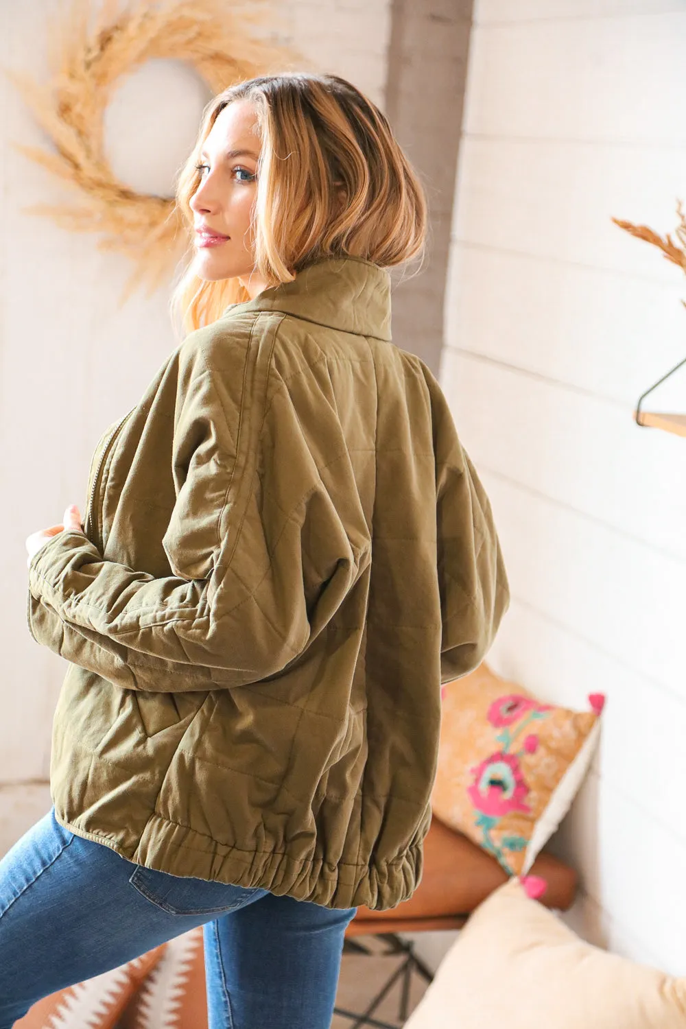 Olive Cotton Quilted Zip Up Jacket