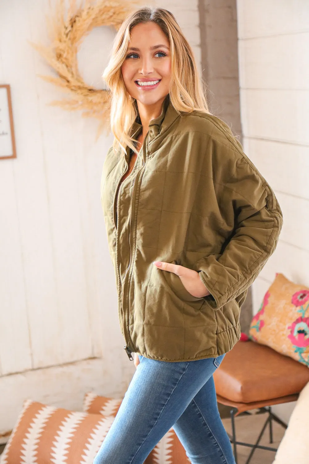 Olive Cotton Quilted Zip Up Jacket