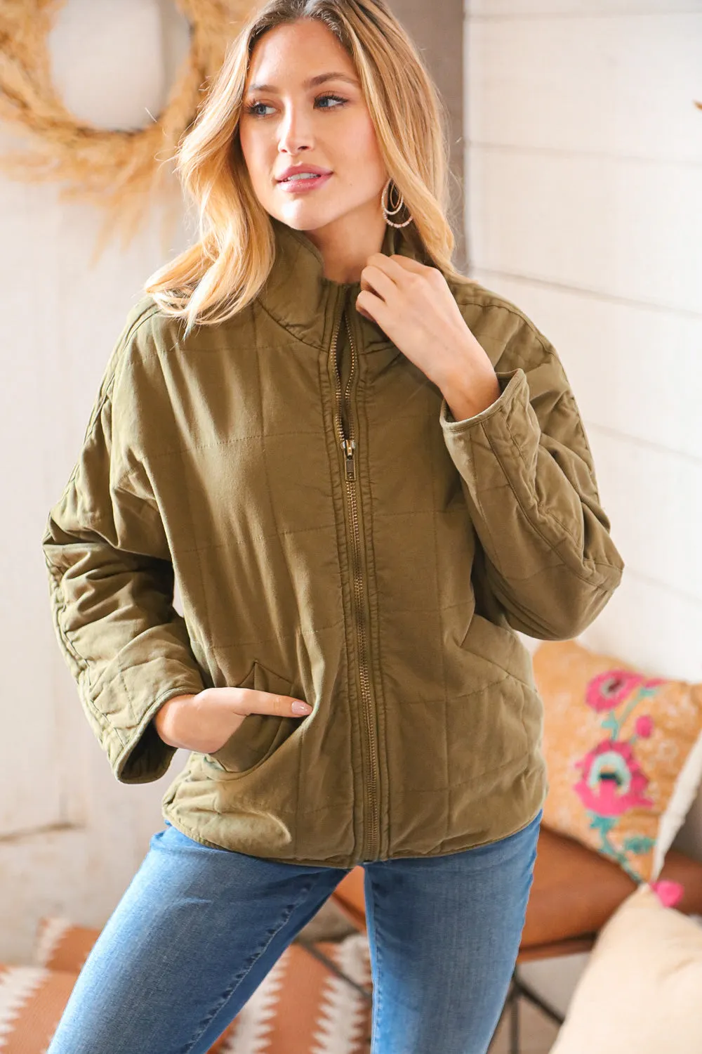 Olive Cotton Quilted Zip Up Jacket