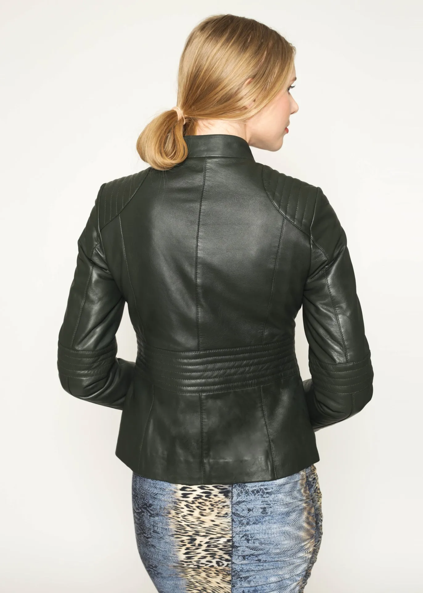 Olive soft leather quilted waist jacket