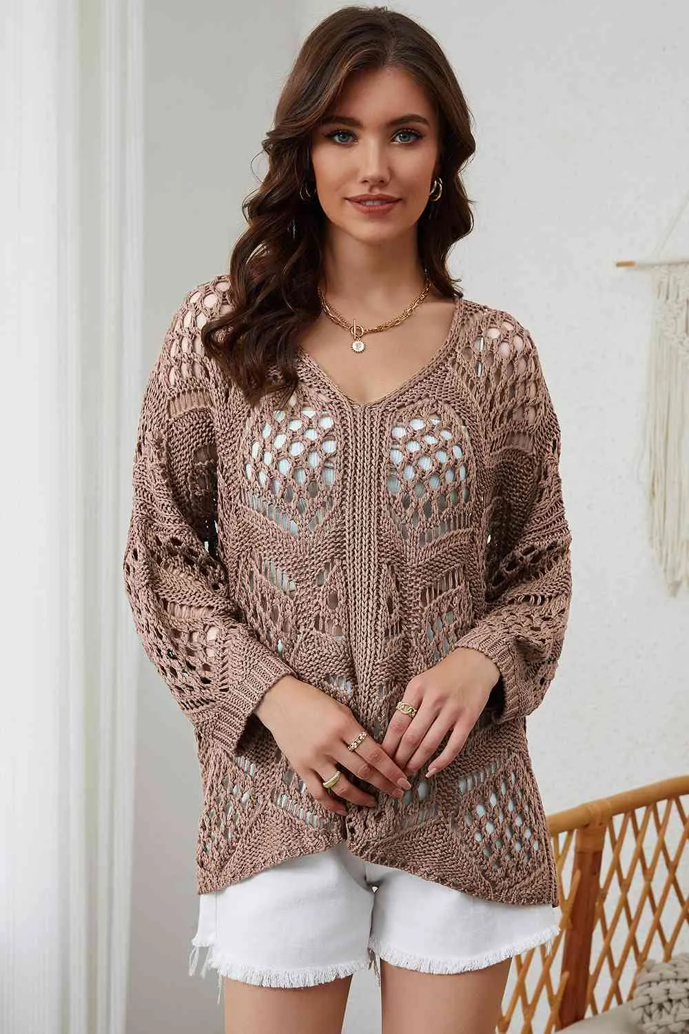 Openwork V-Neck Sweater