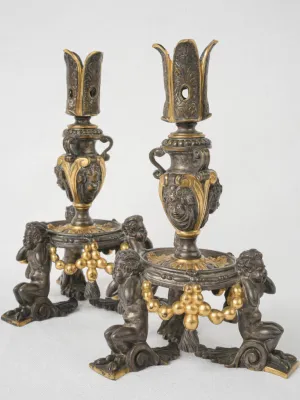 Pair of Antique French Gilt & Bronze Candelabra, Neo-Renaissance Style 8¾"