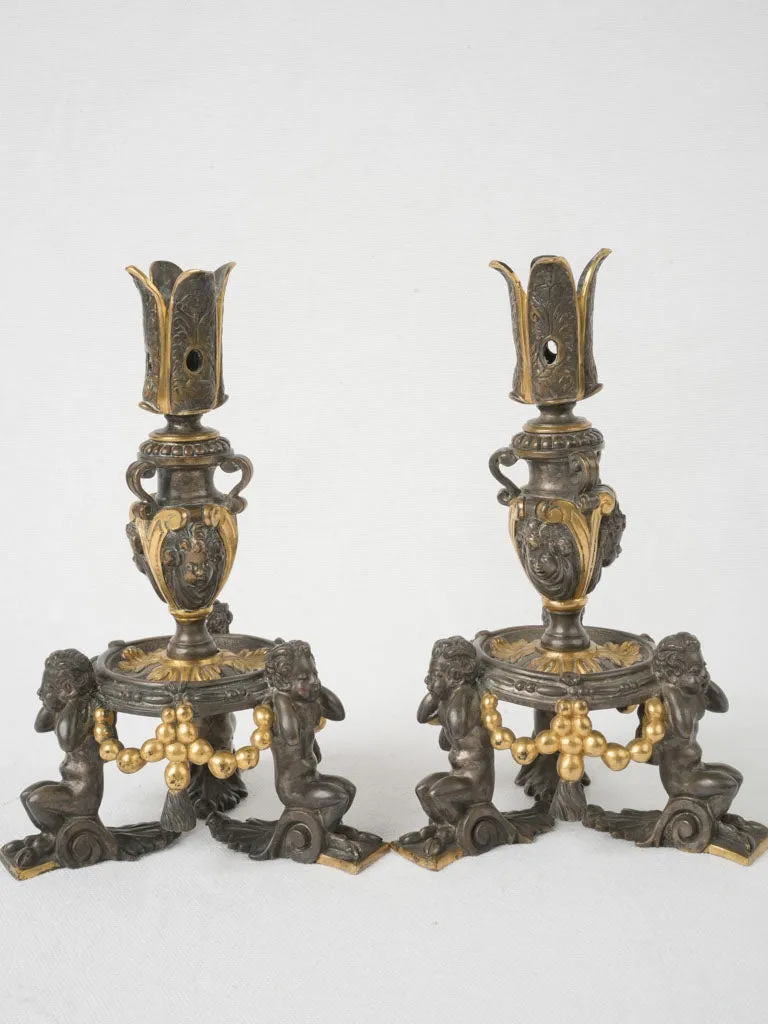 Pair of Antique French Gilt & Bronze Candelabra, Neo-Renaissance Style 8¾"