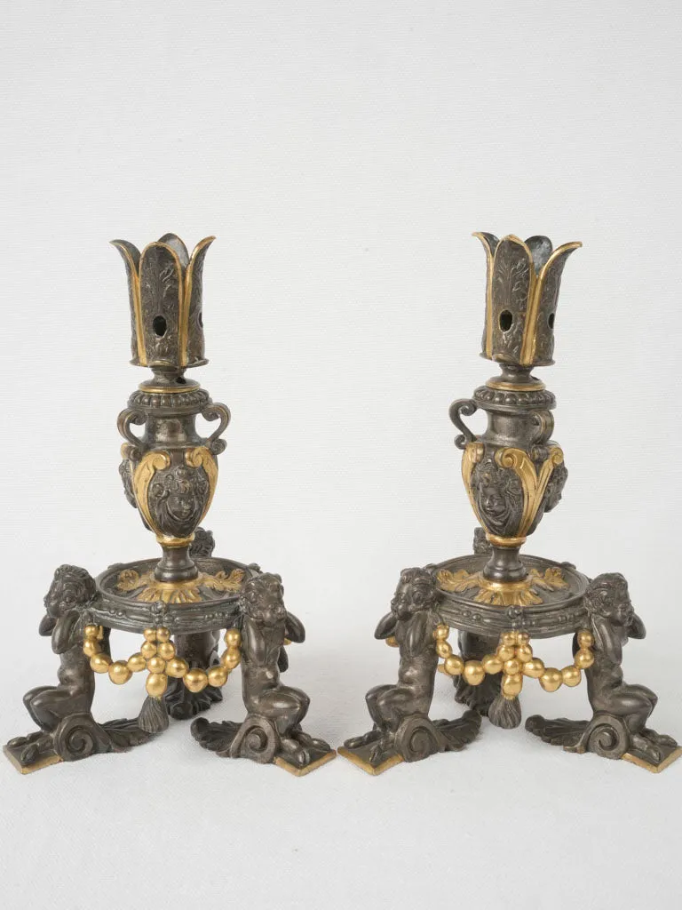 Pair of Antique French Gilt & Bronze Candelabra, Neo-Renaissance Style 8¾"