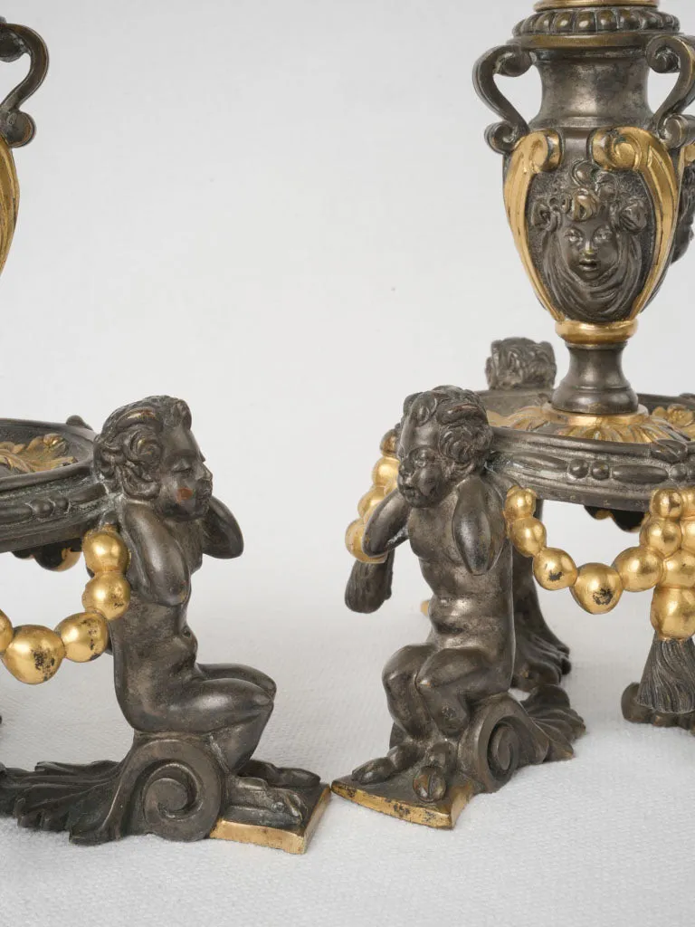 Pair of Antique French Gilt & Bronze Candelabra, Neo-Renaissance Style 8¾"