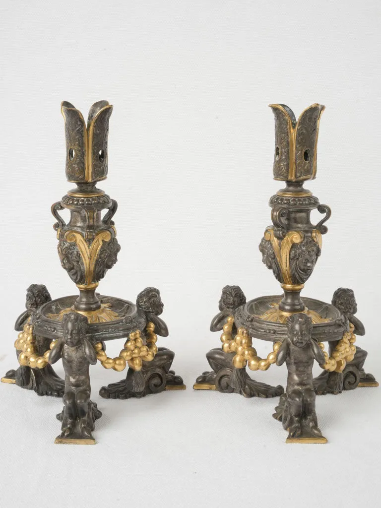 Pair of Antique French Gilt & Bronze Candelabra, Neo-Renaissance Style 8¾"