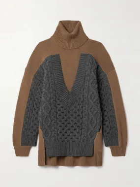 Paneled ribbed and cable-knit wool turtleneck sweater