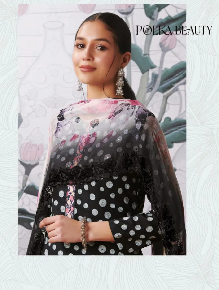 Party Wear Pure Cotton Lawn Unstitched Women Suits Fabric Black