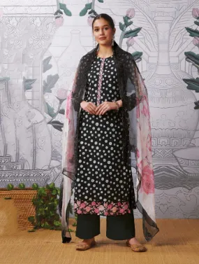 Party Wear Pure Cotton Lawn Unstitched Women Suits Fabric Black