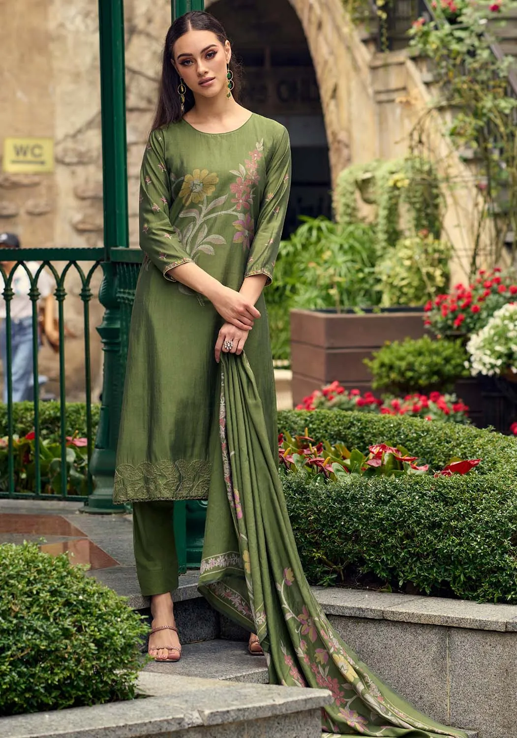 Party Wear Pure Muslin Unstitched Printed Women Salwar Suit Olive