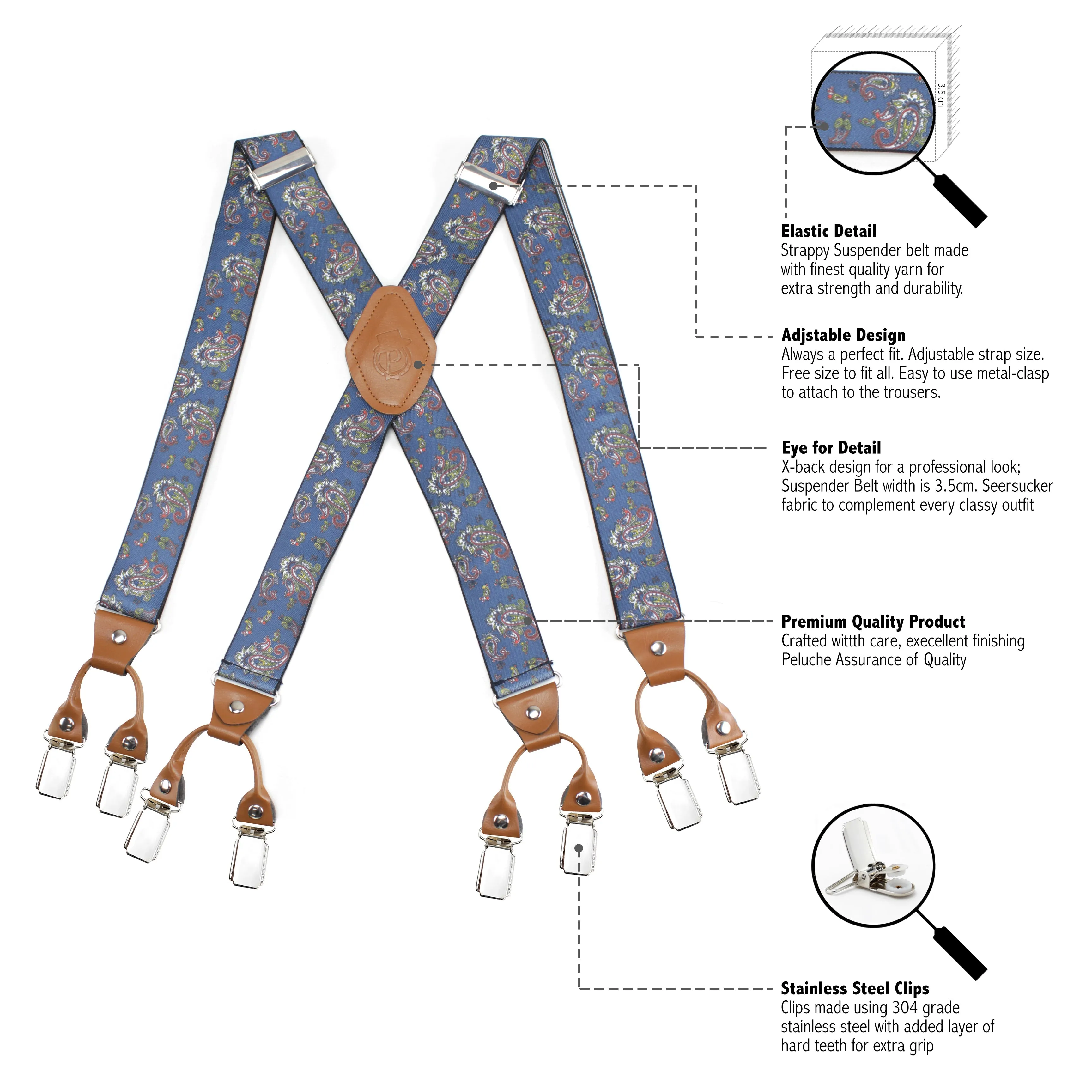 Peluche Fancy Charm Blue "X Back" 8 Clips Suspender (Strap Width- 3.5cm)