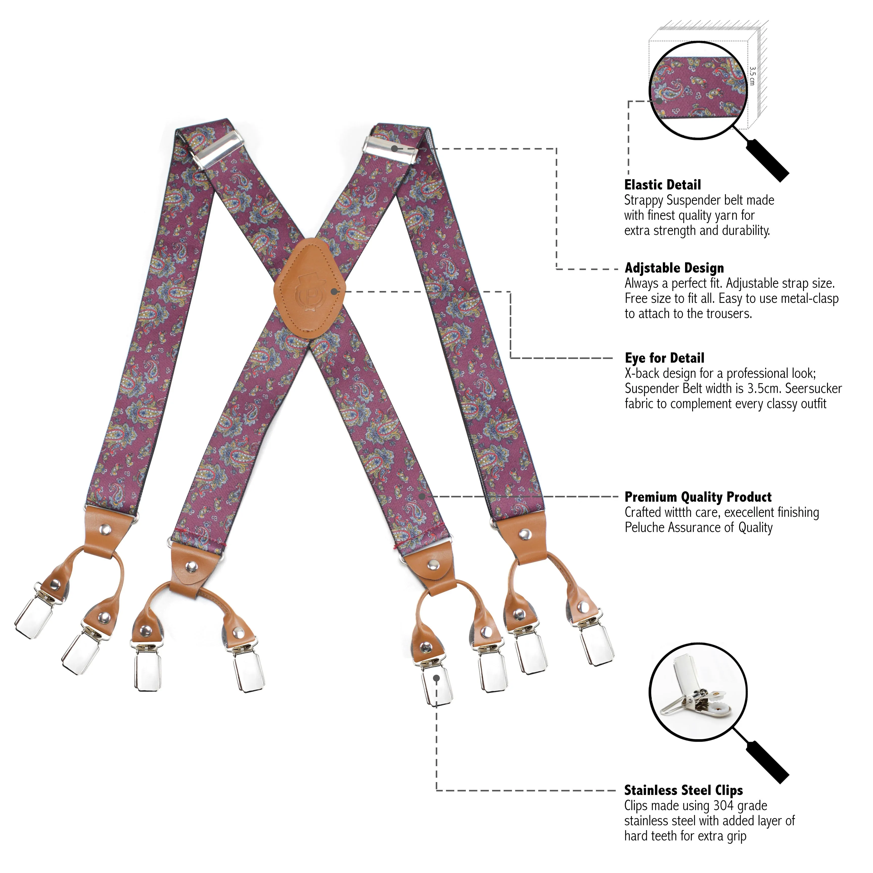 Peluche Fancy Charm Magenta "X Back" 8 Clips Suspender (Strap Width- 3.5cm)