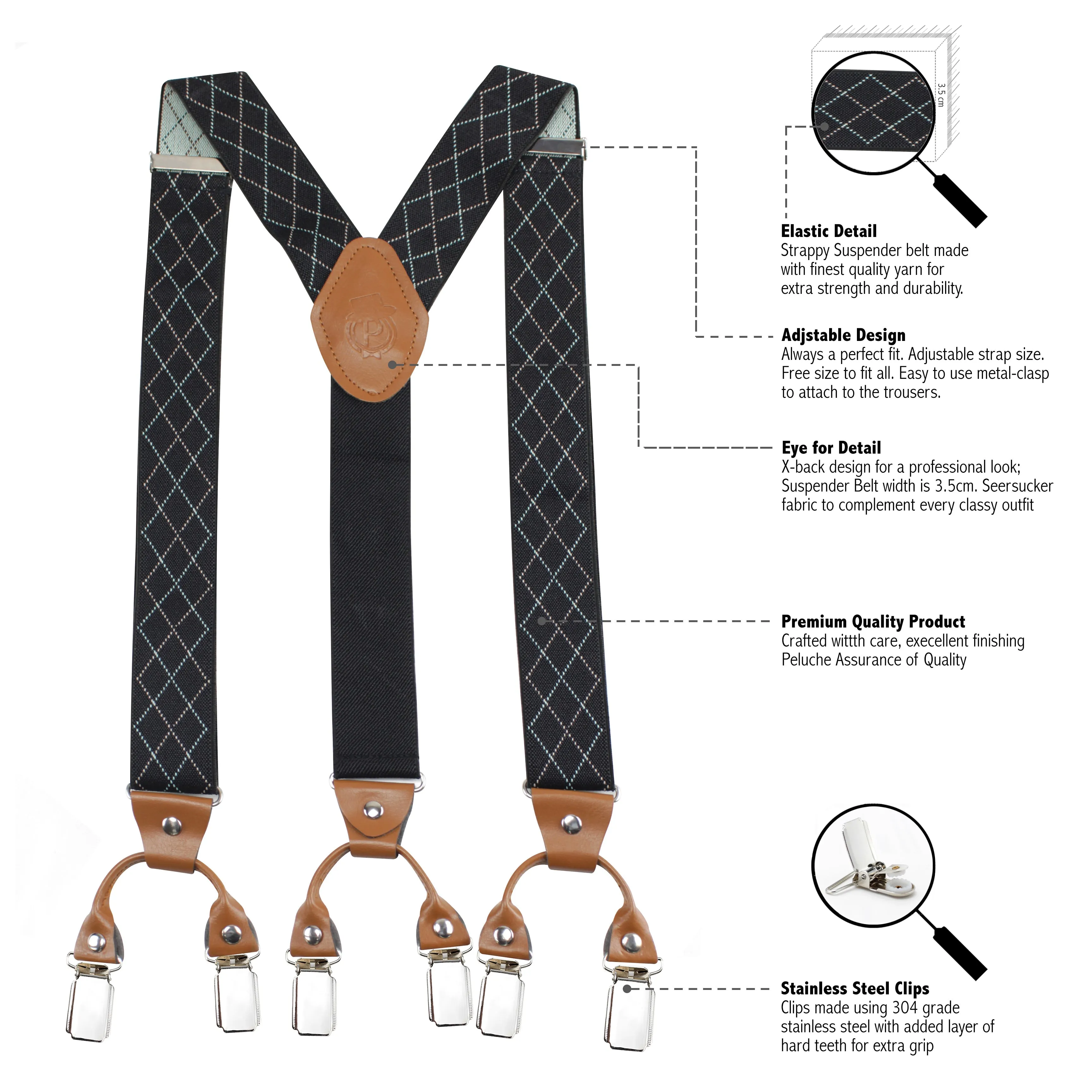 Peluche Regal Grip Black "Y Back" 6 Clips Suspender (Strap Width- 3.5cm)