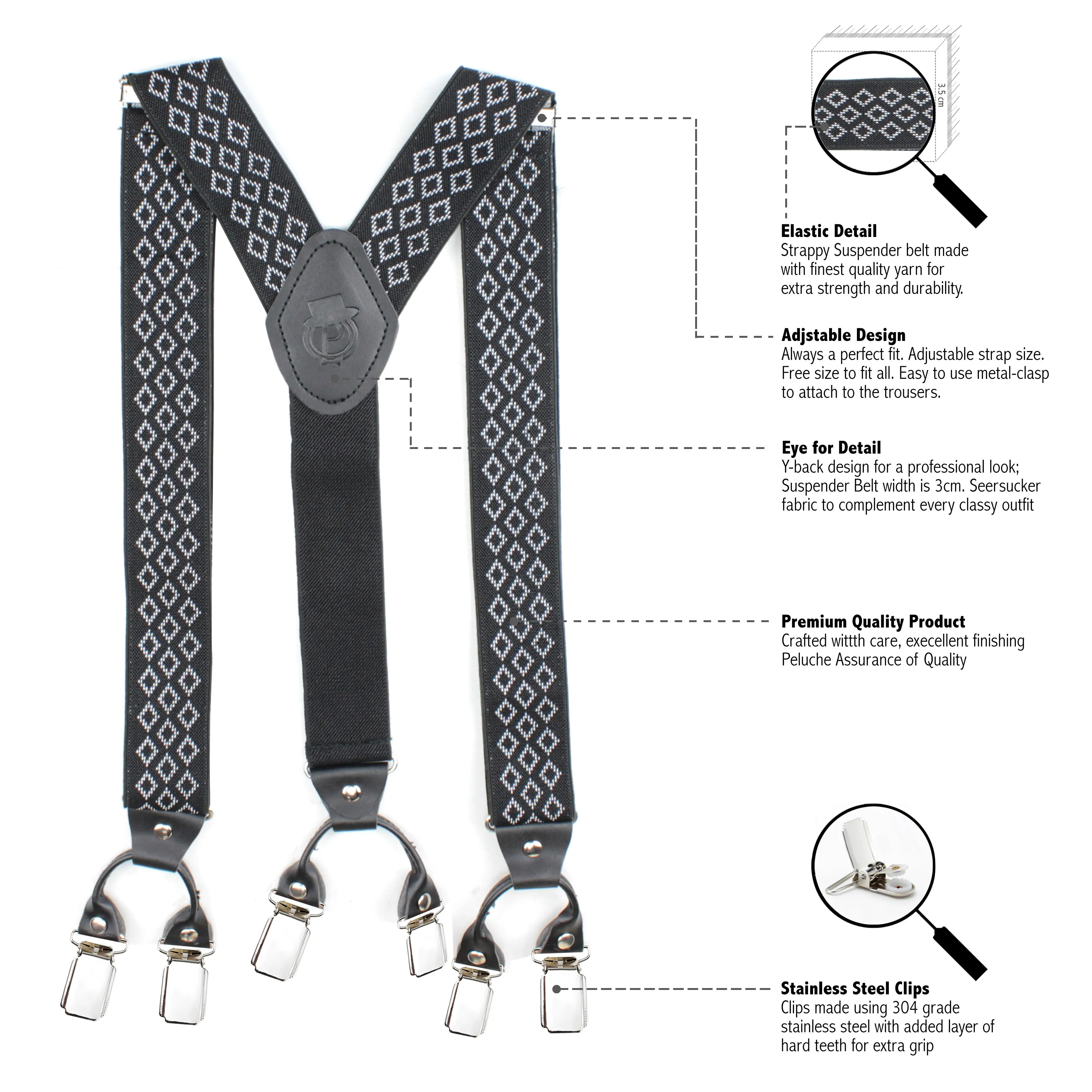 Peluche Voguish Abstract Black 6 Clips Suspender