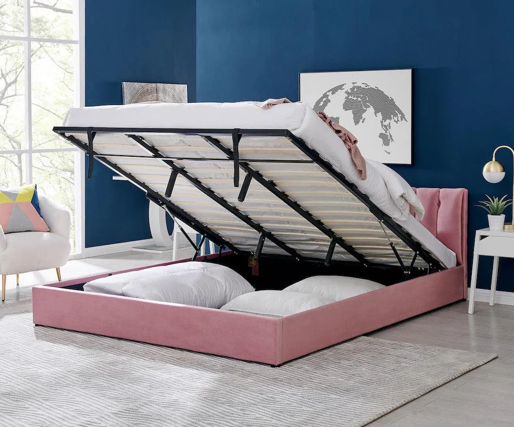 Pink Velvet Plush Ottoman Storage Bed Frame - Double or Super King