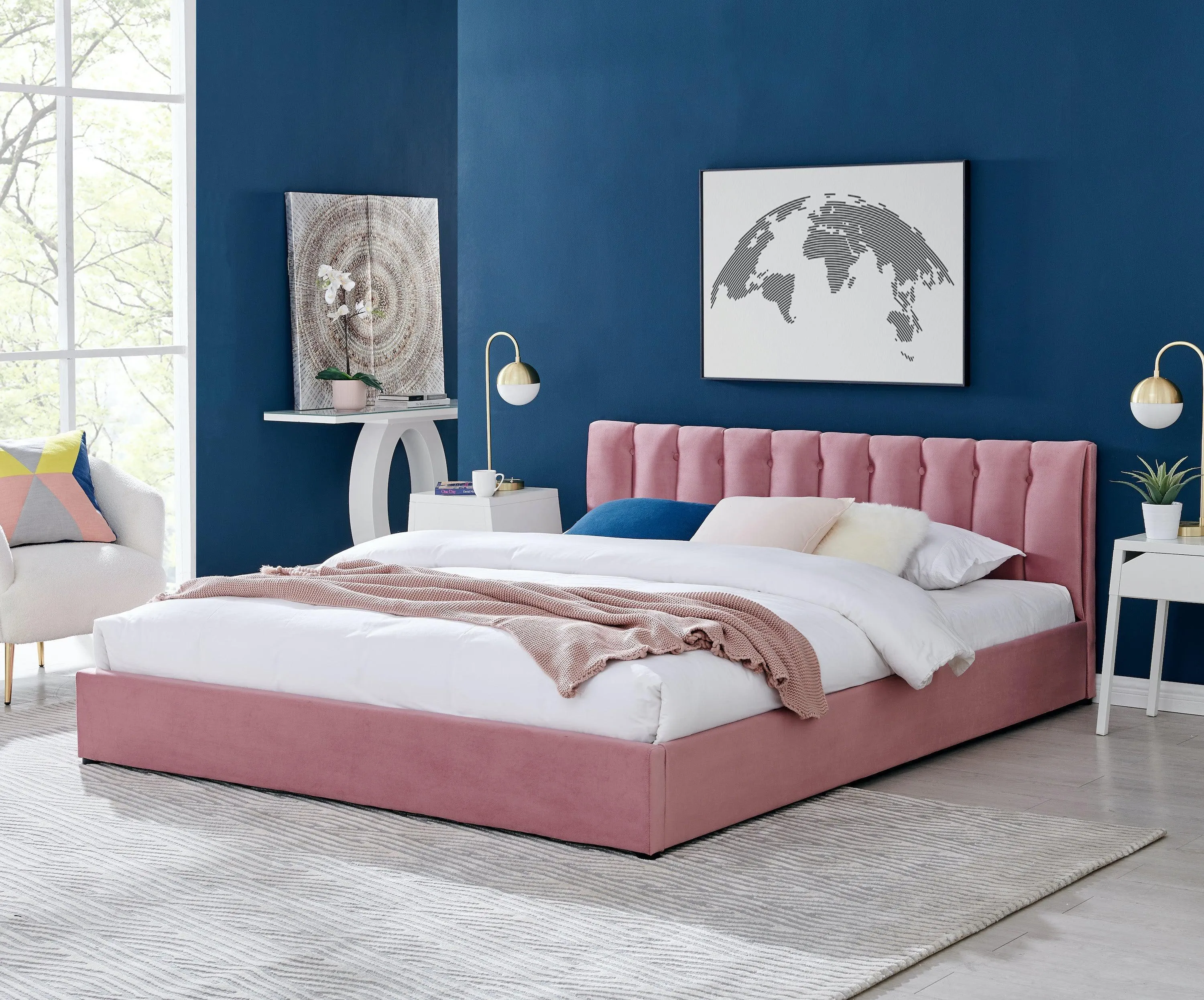 Pink Velvet Plush Ottoman Storage Bed Frame - Double or Super King