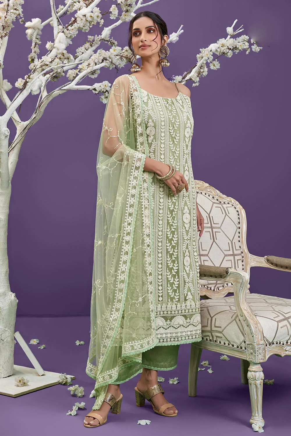 Pista Green Lucknowi Chikankari Embroidered Pant Style Suit