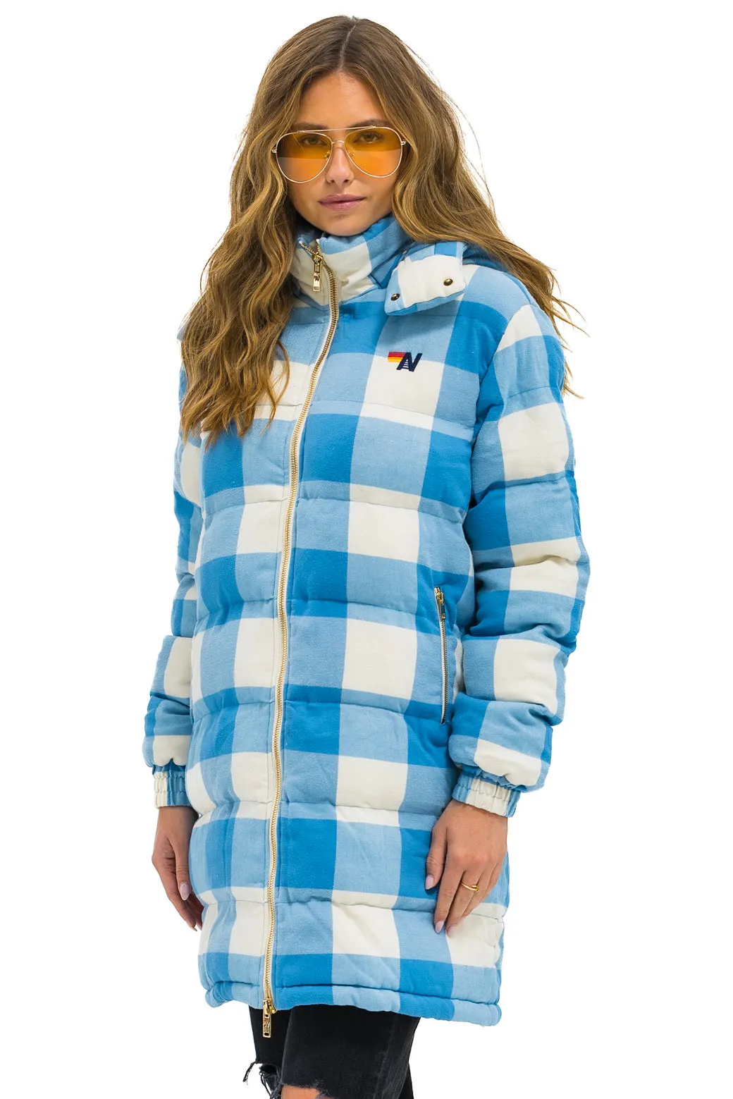 PLAID UNISEX LONG TREKKER JACKET - SKY PLAID