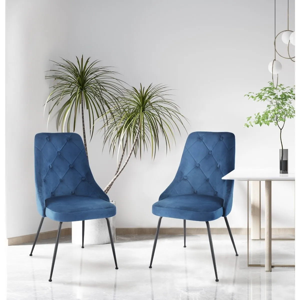 Plumeria Blue Velvet Chair with Black Legs - Set of 2