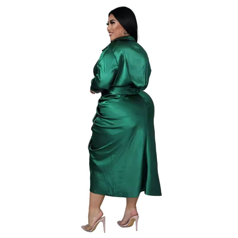 Plus Size Elegant Satin Lace-up Evening Dress with Long Sleeve